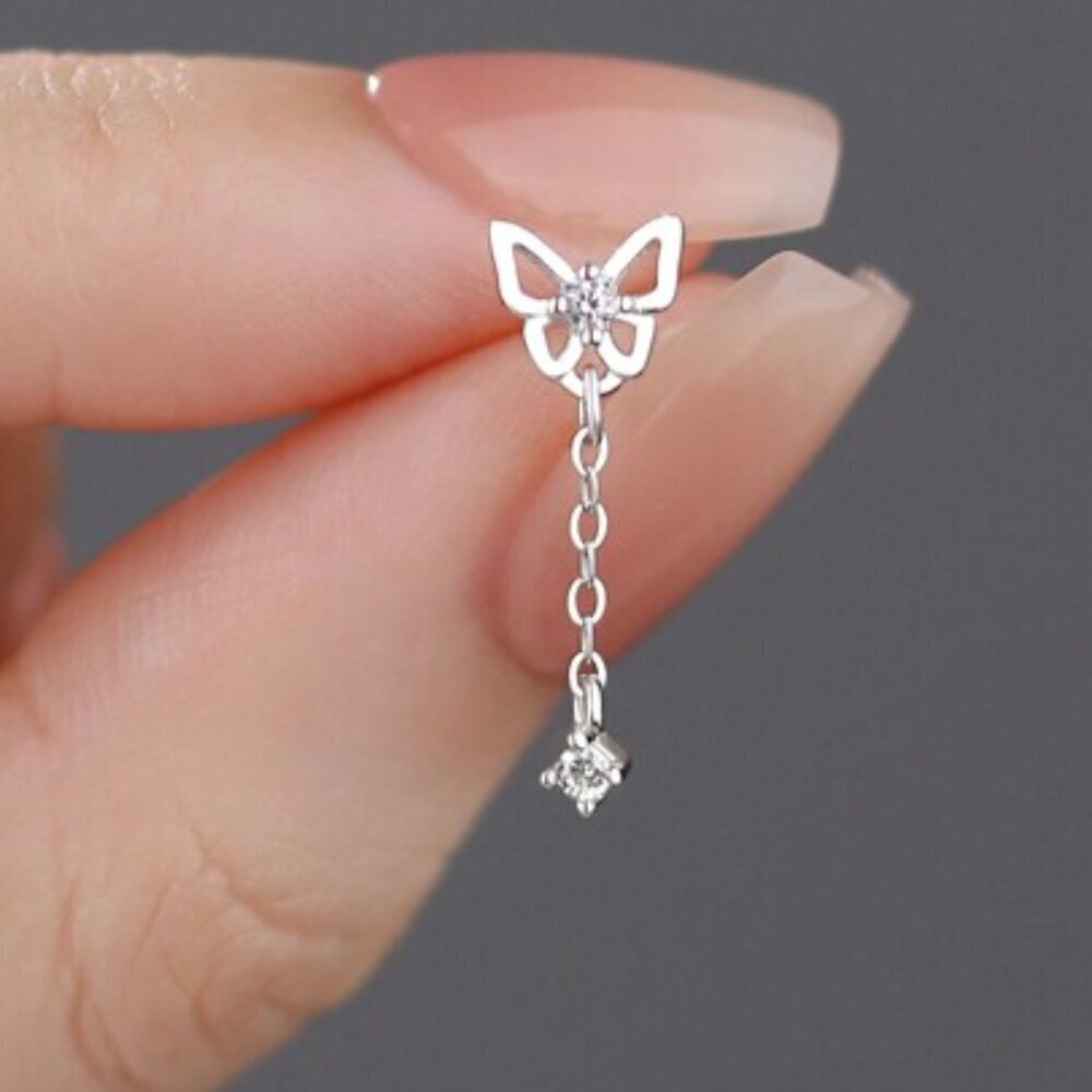 925 Sterling Silver Butterfly Drop Earrings with Crystal Accent - Picture 2 of 4